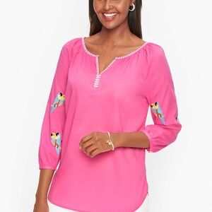 Talbots Bright Pink Parrot-Embroidered Popover Tunic